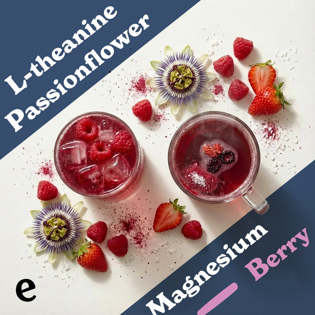 Evopure Magnesium Sleep Blend berry drink served hot and cold with L-theanine, passionflower, and fresh raspberries