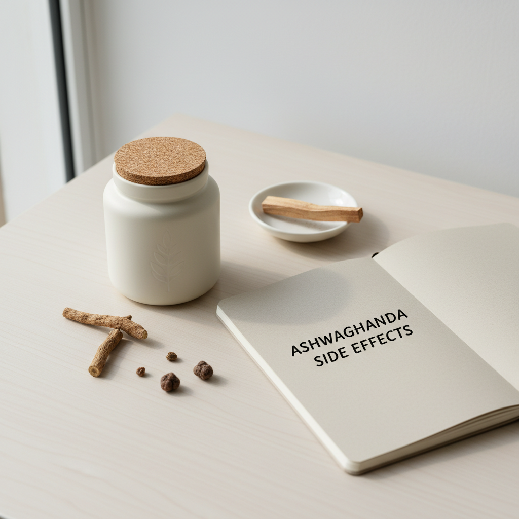 Notebook titled ‘Ashwagandha side effects’ beside a neutral herbal supplement jar.