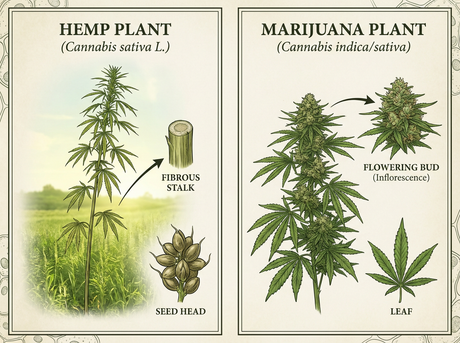 “Hemp plant vs Marijuana plant comparison chart.”