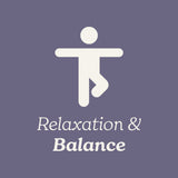 White icon of a person in a yoga pose on a purple background with 'Relaxation & Balance' text.