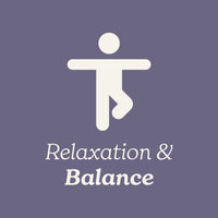 White icon of a person in a yoga pose on a purple background with 'Relaxation & Balance' text.