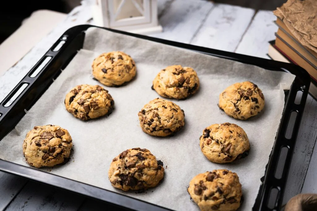 a tray of chocolate cookies on a table