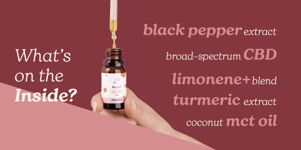 Landscape image detailing the ingredients inside the Relief CBD Oil