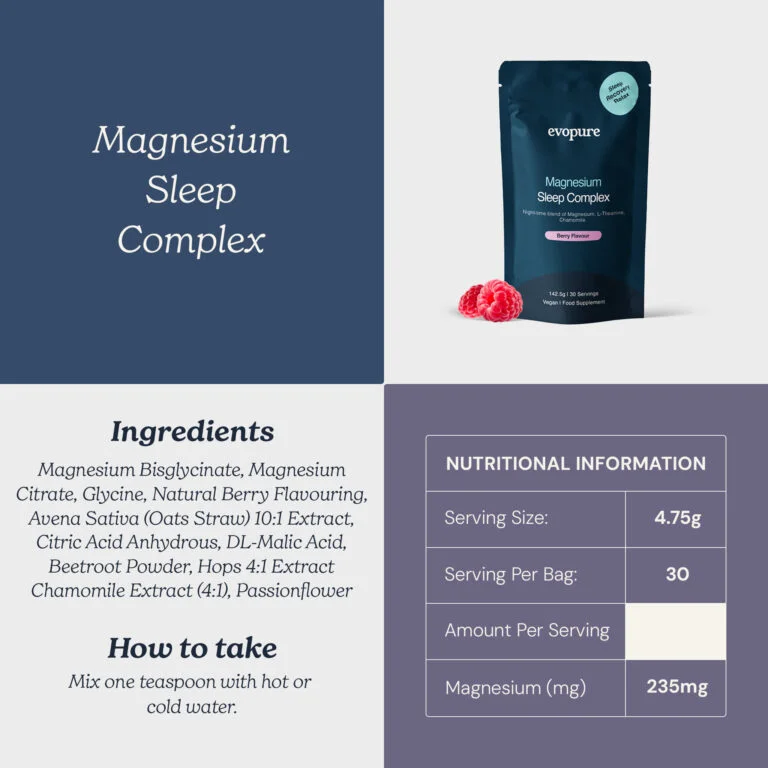 Evopure Magnesium Glycinate Sleep Complex supplement label and information