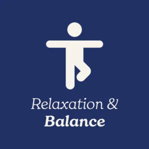 White icon of a person in a relaxed pose with 'Relaxation & Balance' text on a blue background