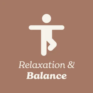 White icon of a person in a relaxed pose on a Mocha background with 'Relaxation & Balance' text.