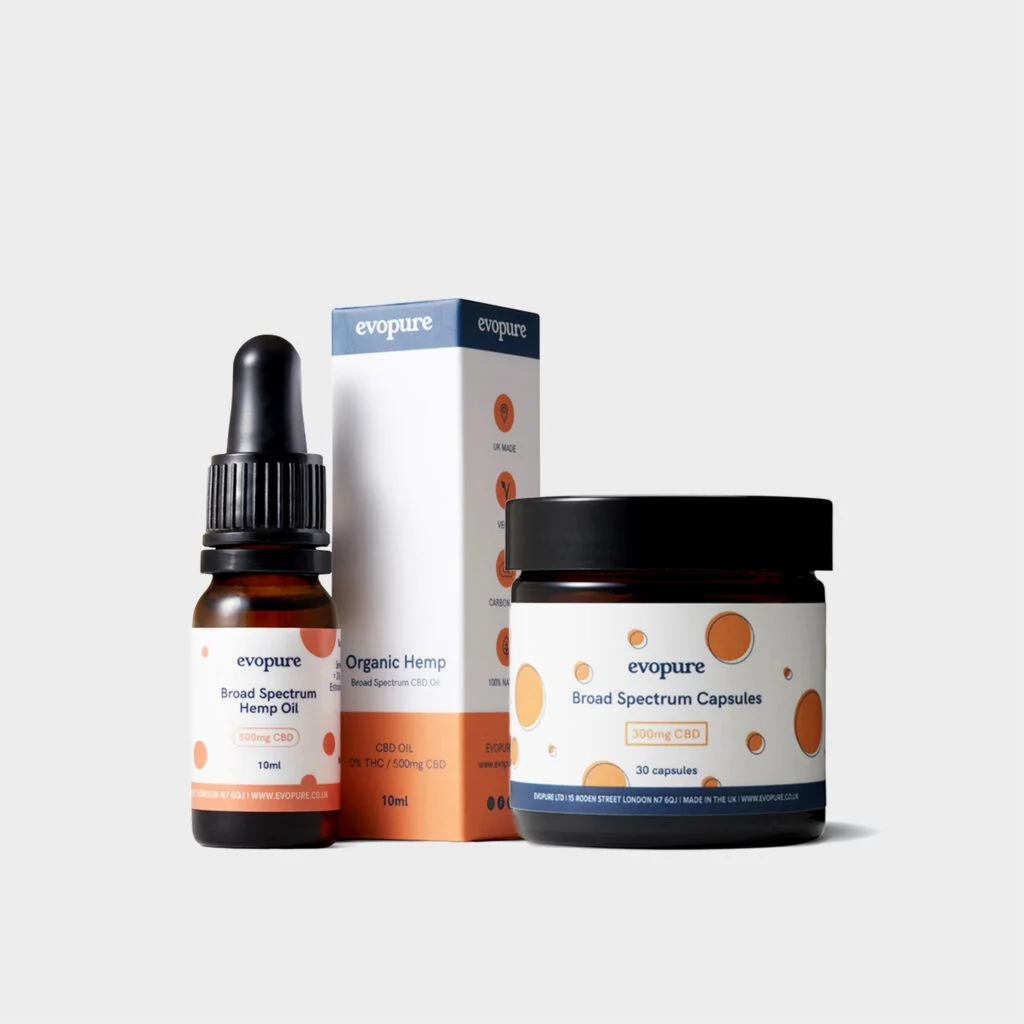 evopure Broad Spectrum Hemp Oil and Broad Spectrum Capsules products on a light gray background, including an amber dropper bottle, a white and orange cardboard box, and a white and orange jar with a black lid.