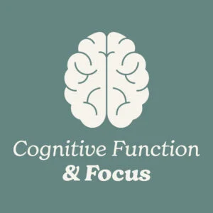 White brain Icon with 'Cognitive Function & Focus' text on a teal background