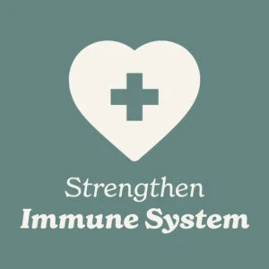 Heart Icon with a cross inside on a teal background, accompanied by text 'Strengthen Immune System'.