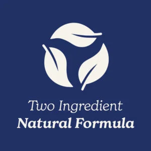 Icon with leaves and text 'Two Ingredient Natural Formula' on a blue background