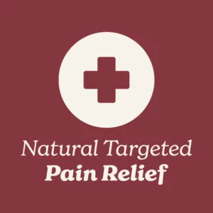 Relief Icon with Text 'Natural targeted pain relief' on a ruby background
