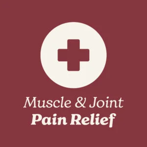 Icon for muscle and joint pain relief with a red cross on a ruby background