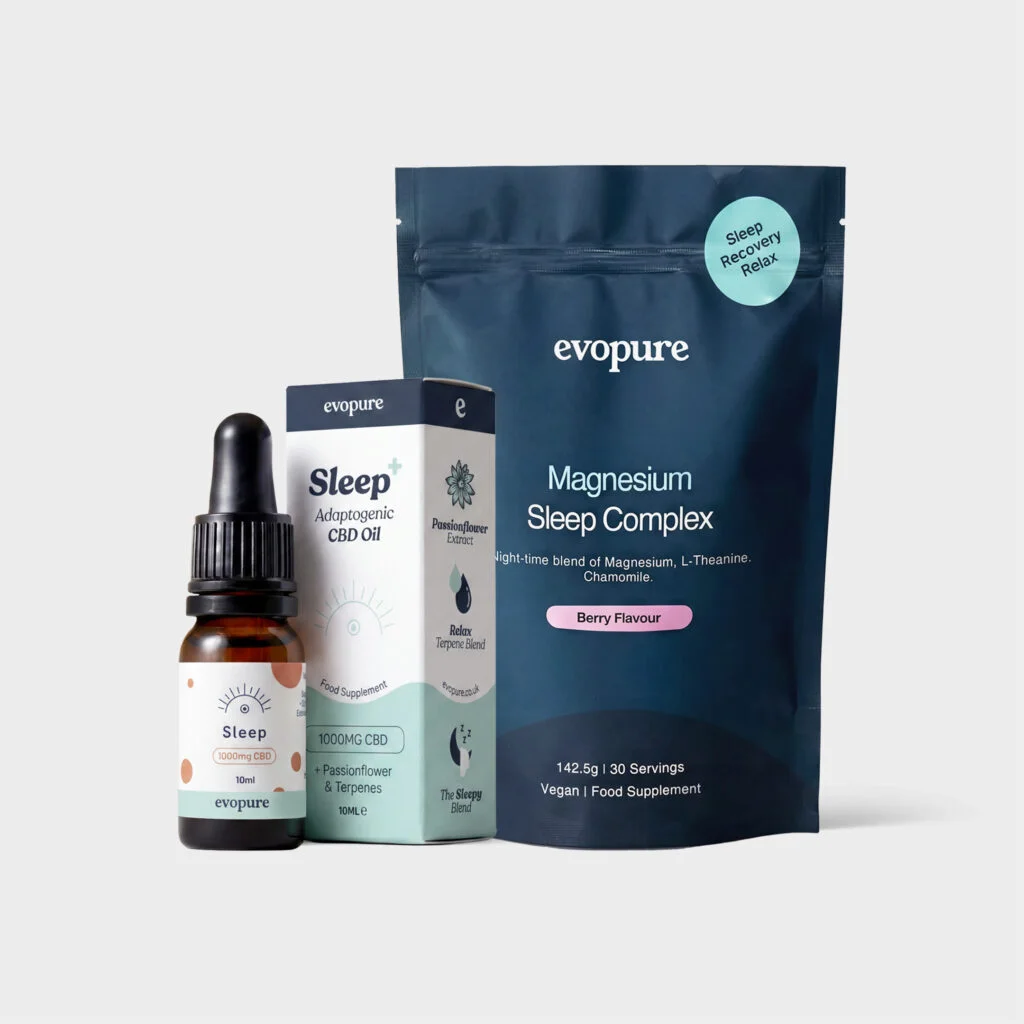 Evopure Sleep wellness set featuring a dark blue stand-up pouch of Magnesium Sleep Complex powder, a small amber dropper bottle of Sleep CBD Oil beside its box, arranged on a light grey background.