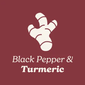 Icon of Black Pepper & Turmeric with a white Turmeric root icon on a Ruby background