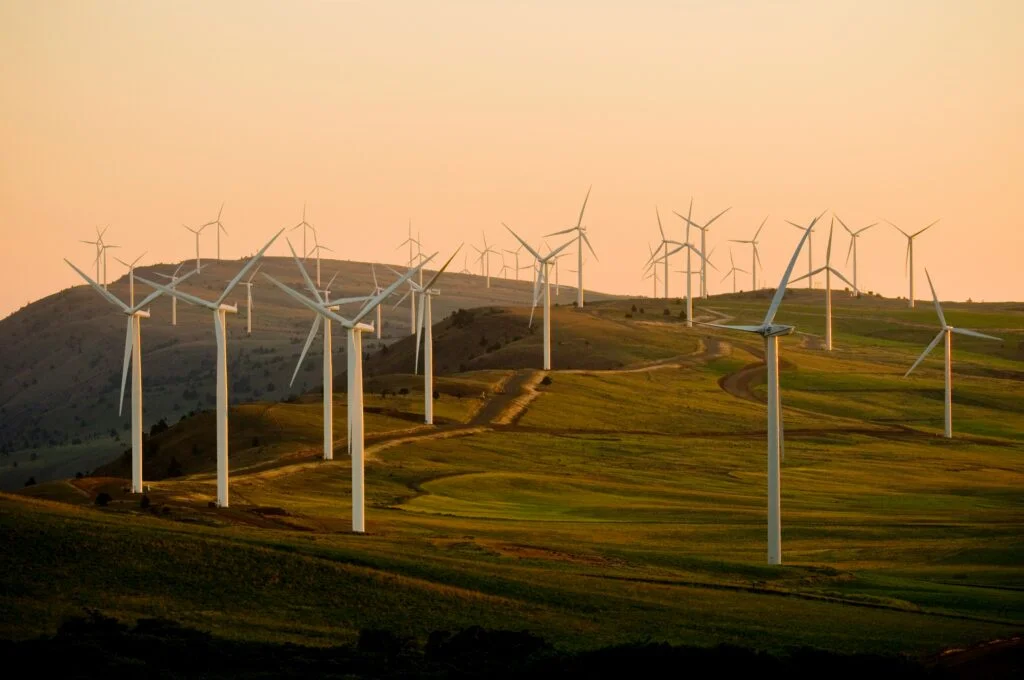 Wind turbines across green hills at sunset, representing the renewable energy projects Evopure funds through Greenspark