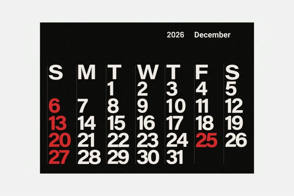 A black December calendar page with the 25th marked in red