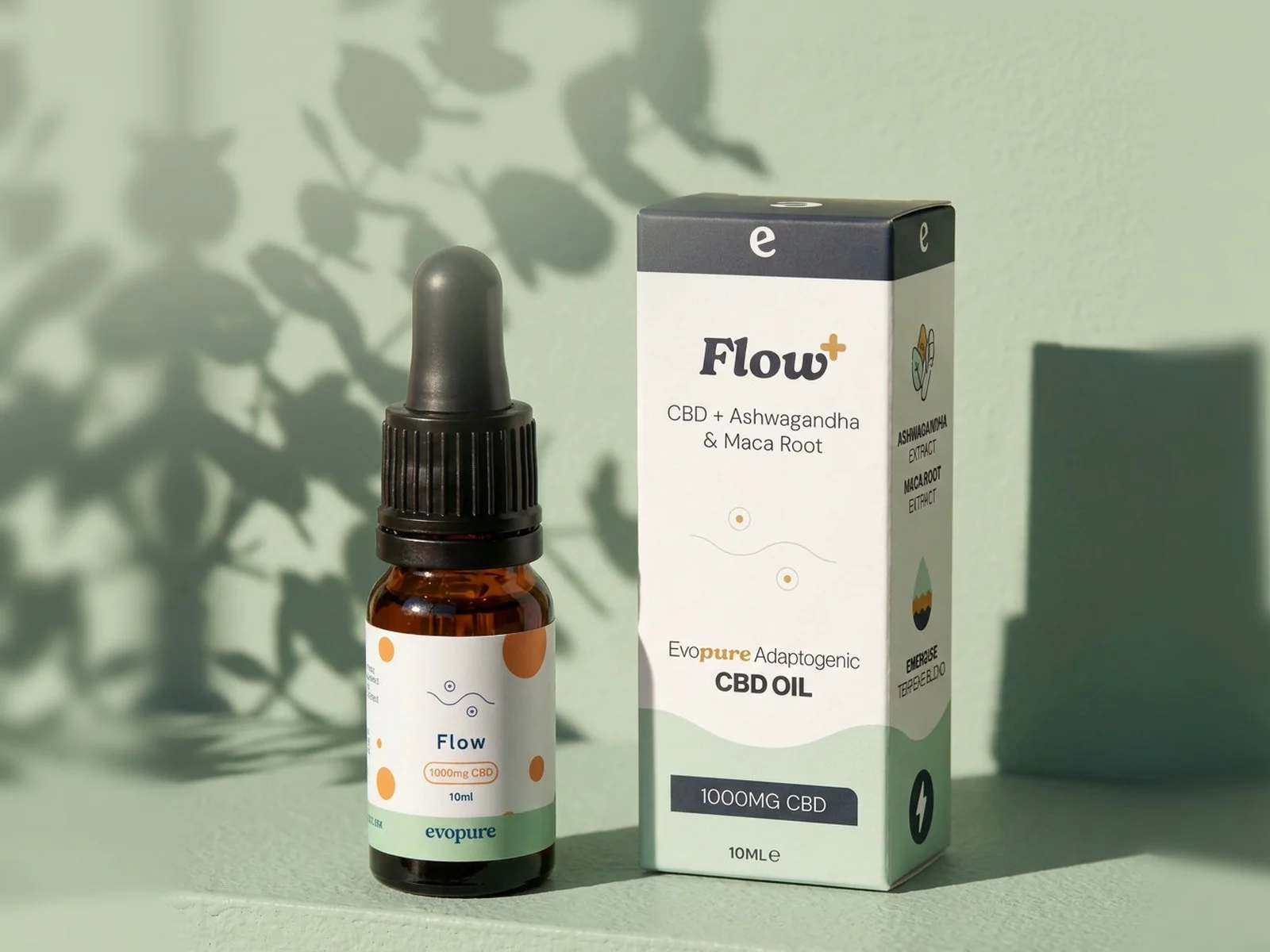 Evopure Flow CBD oil bottle and box on a sage wall with leaf shadows
