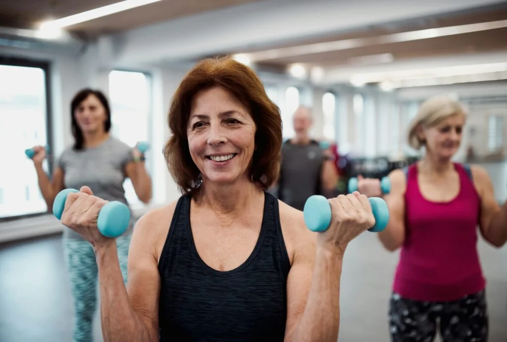 A smiling older woman lifting dumbbells in a group fitness class