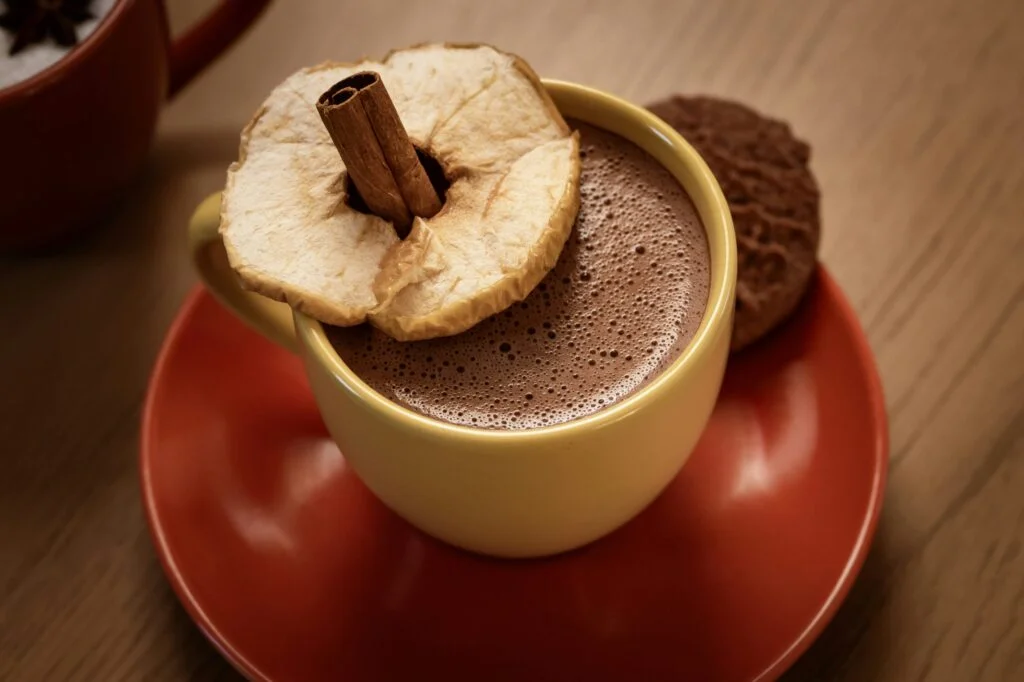 A mug of hot chocolate with a cinnamon stick and dried apple slice on a red saucer