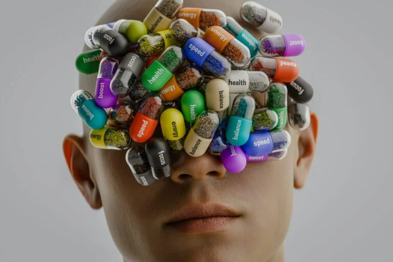 A face covered in colourful capsules labelled focus, energy, boost and balance