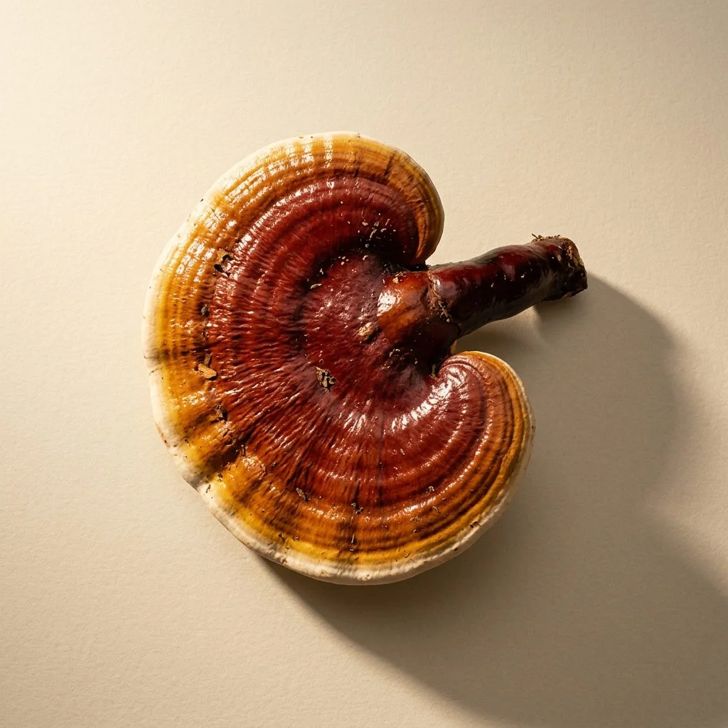 A whole reishi mushroom on a cream background