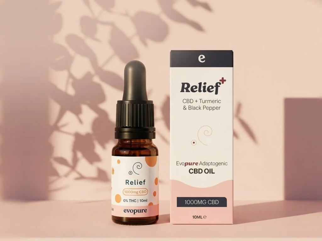Evopure Relief CBD oil bottle and box on a blush pink wall with leaf shadows