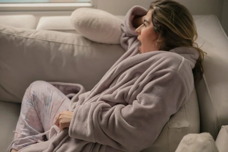 A woman in a fluffy dressing gown yawning on a sofa on a winter morning