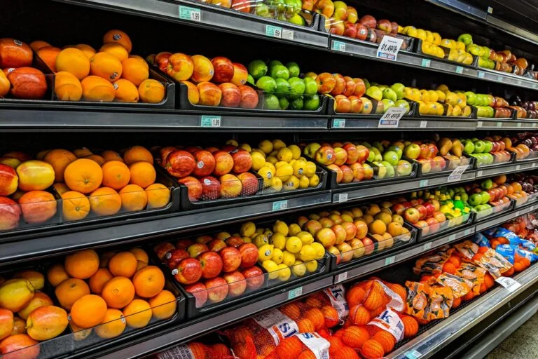 Supermarket shelves of fresh fruit