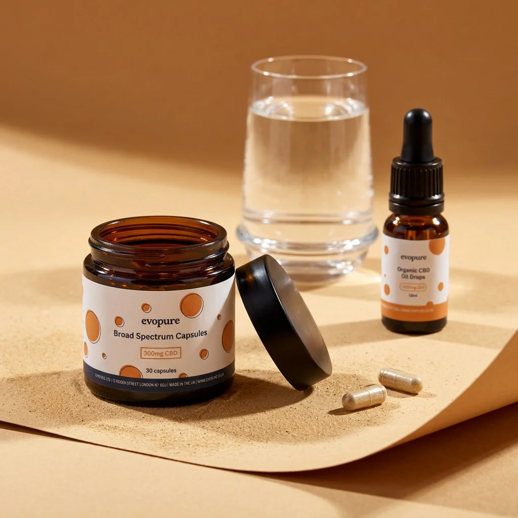 Evopure broad spectrum CBD oil and CBD capsules jar on sand