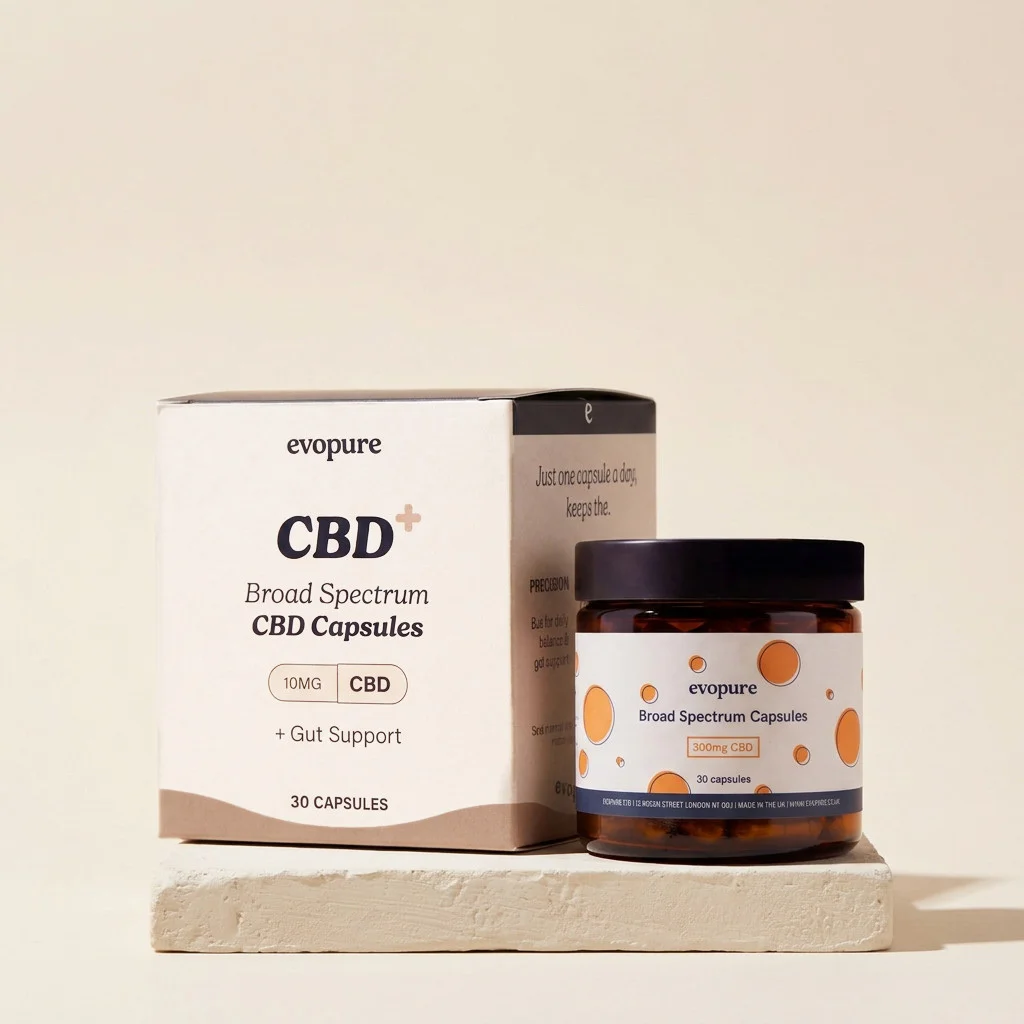 Evopure CBD+ broad spectrum CBD capsules box and jar