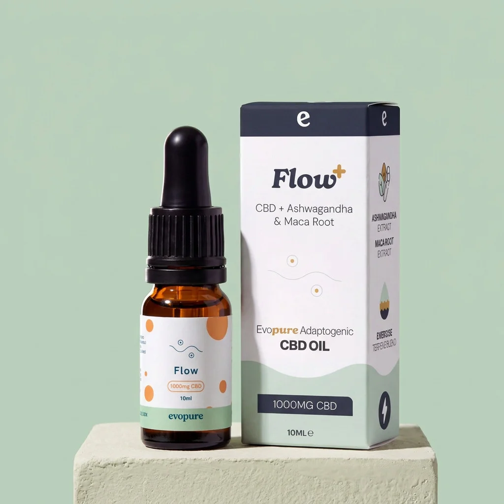 Evopure Flow+ CBD oil with ashwagandha and maca, bottle and box on a sage green plinth