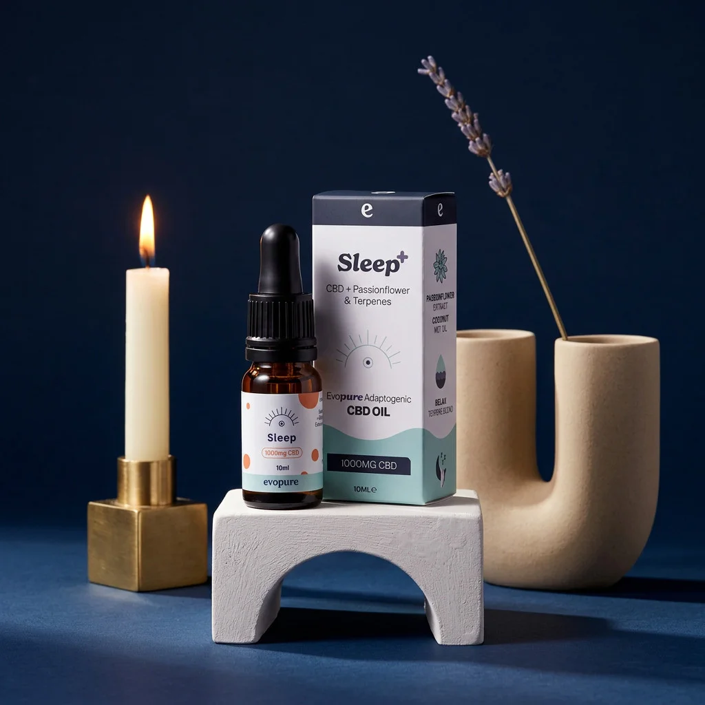 Evopure Sleep+ CBD oil with passion flower beside a candle and lavender at night