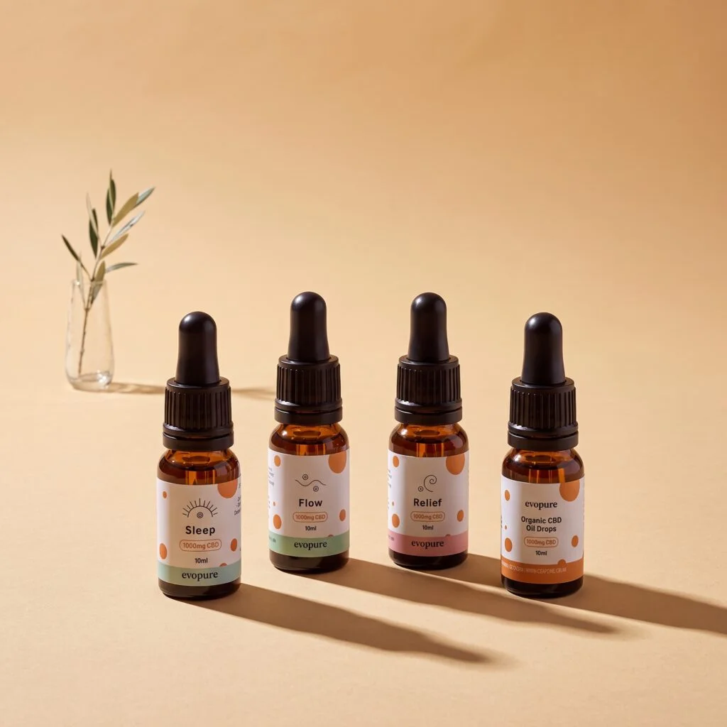 Evopure Flow+, Sleep+, Relief+ and CBD+ broad spectrum CBD oil bottles lined up on a sand background