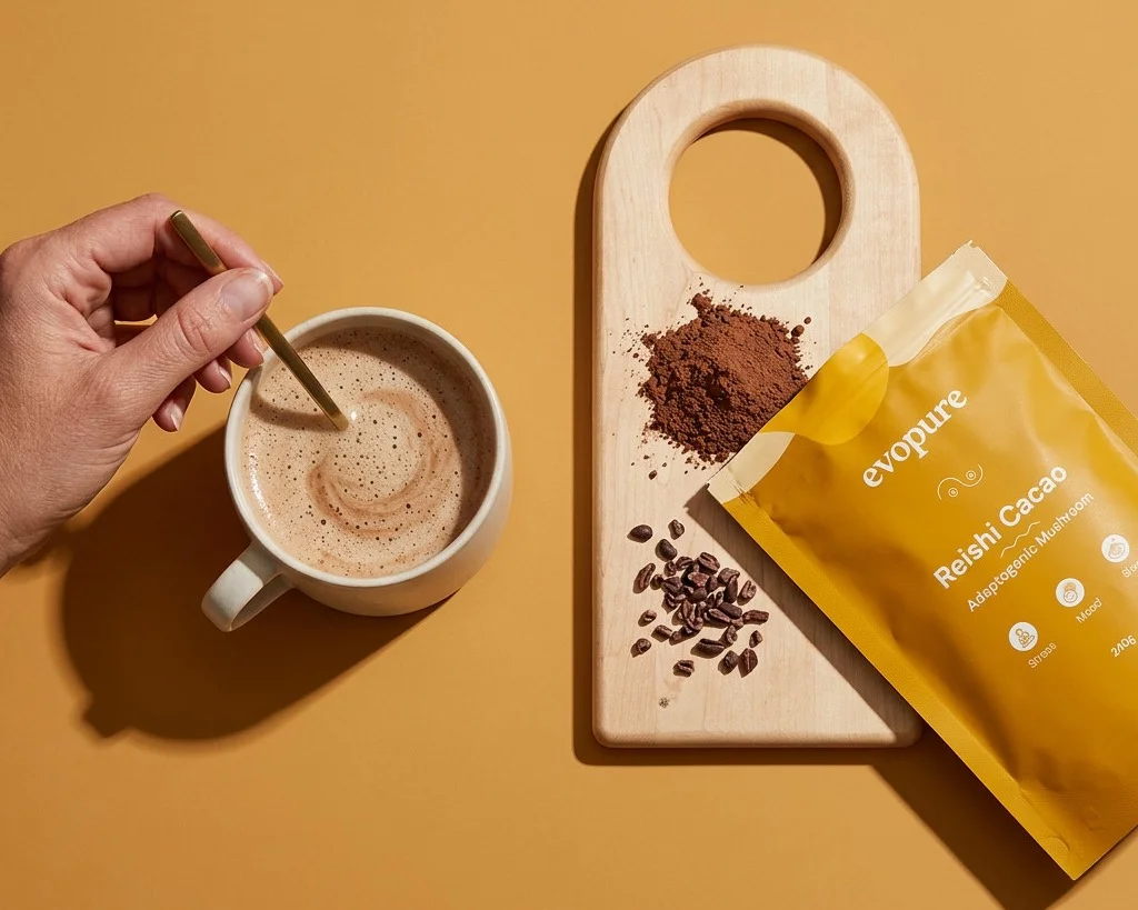 A hand stirring a frothy reishi hot chocolate next to cacao powder, cacao nibs and a pouch of Evopure Reishi Cacao