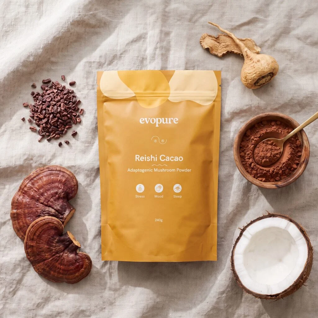 Evopure Reishi Mushroom Adaptogenic Complex pouch with reishi mushroom, cacao and coconut