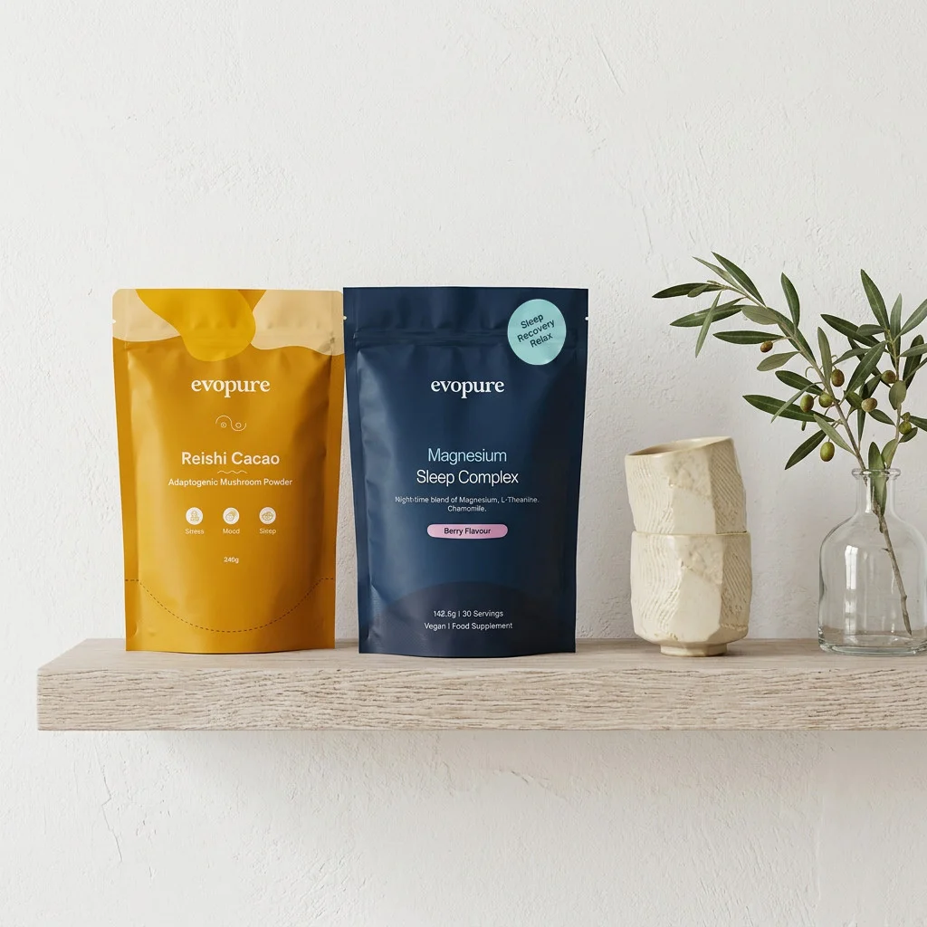Evopure Reishi Cacao and Magnesium Sleep Complex pouches on a shelf