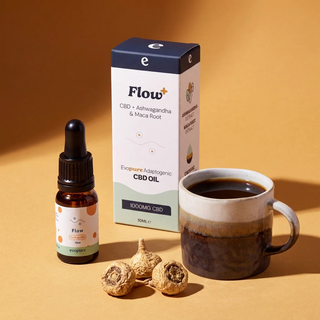 Evopure Flow+ CBD oil with ashwagandha and maca beside a morning coffee
