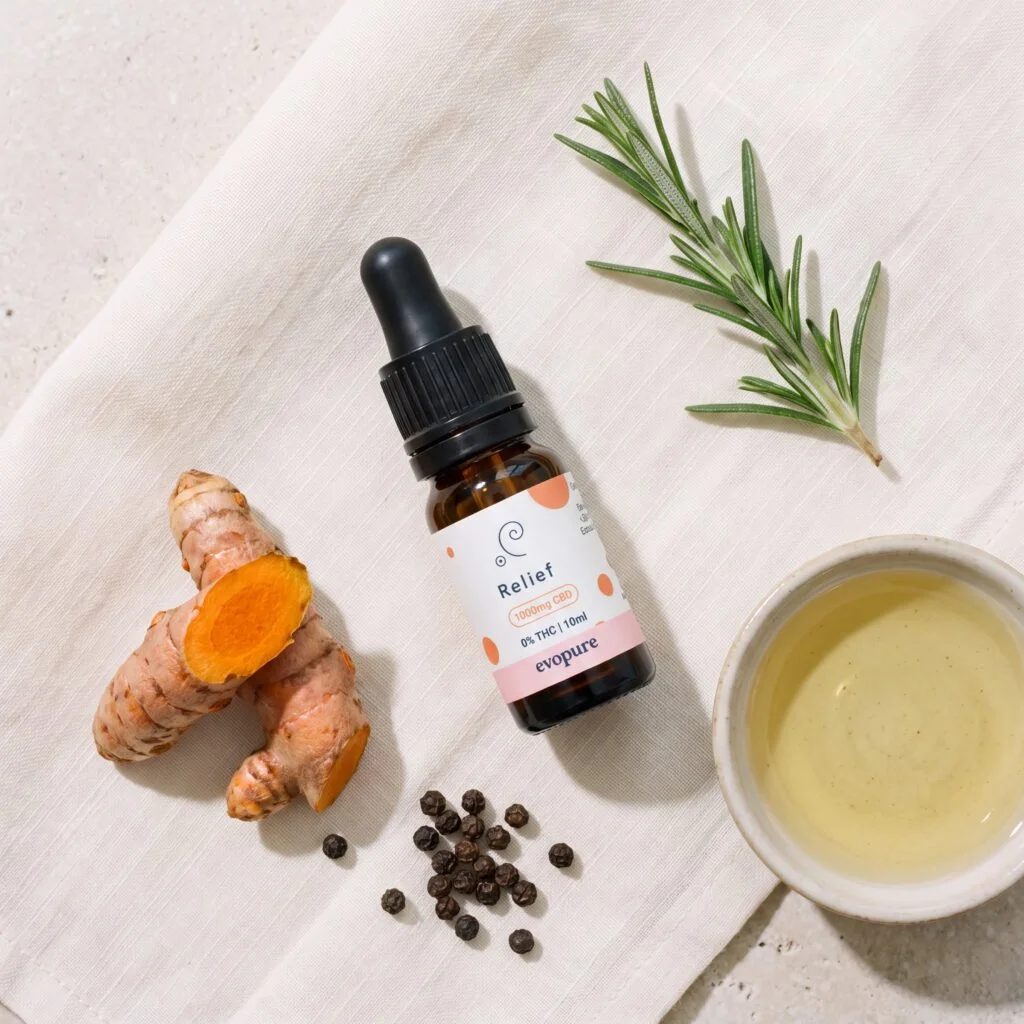 Evopure Relief CBD Oil with fresh turmeric root, black peppercorns and rosemary