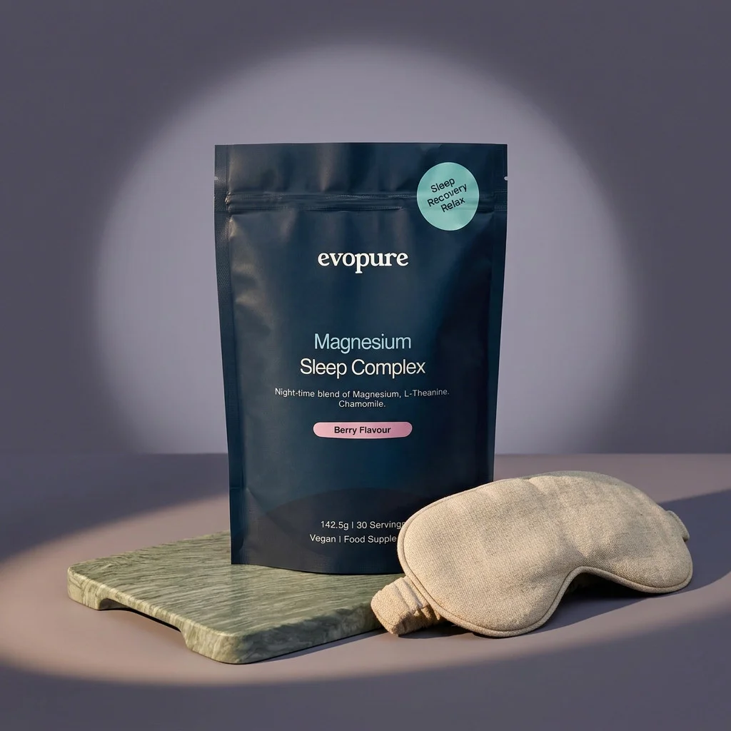 Evopure Magnesium Sleep Complex pouch next to a sleep eye mask
