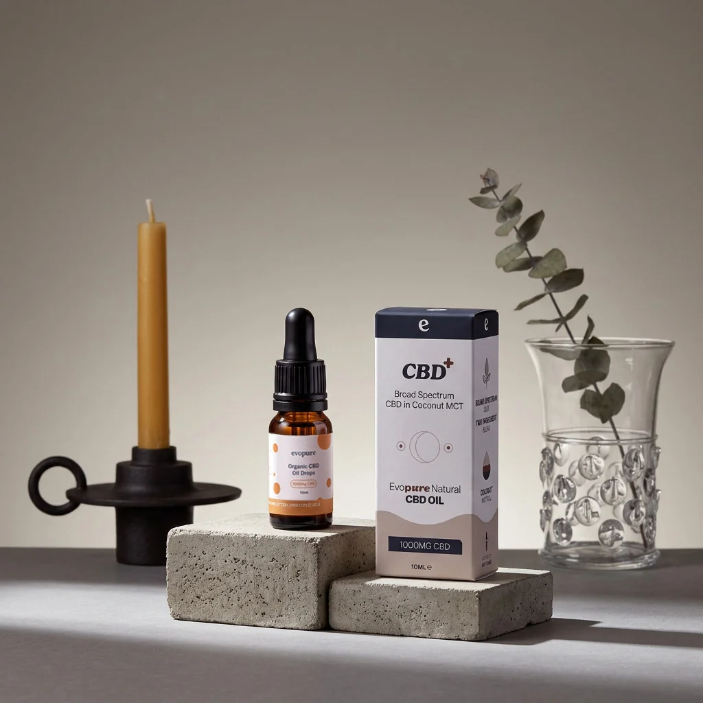 Evopure Natural broad spectrum CBD oil 1000mg, box and bottle on stone blocks