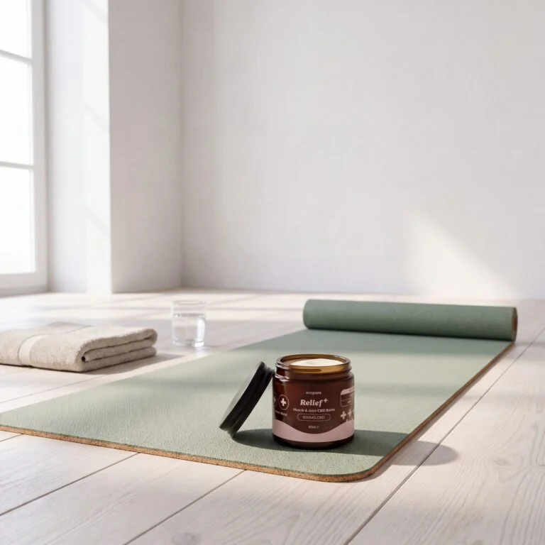 Evopure Relief+ muscle and joint CBD balm on a yoga mat after a workout