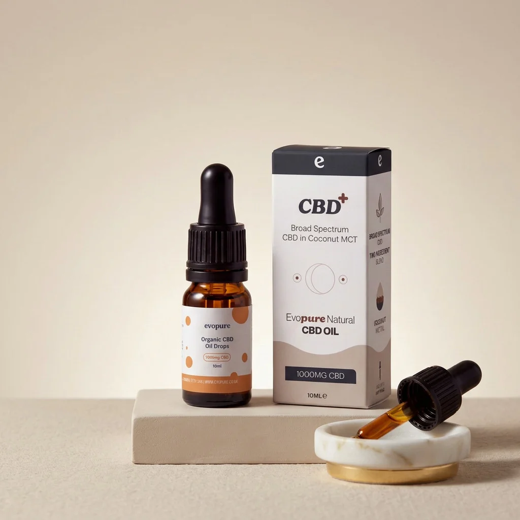 Evopure CBD+ broad spectrum CBD oil box and bottle with a dropper on a dish