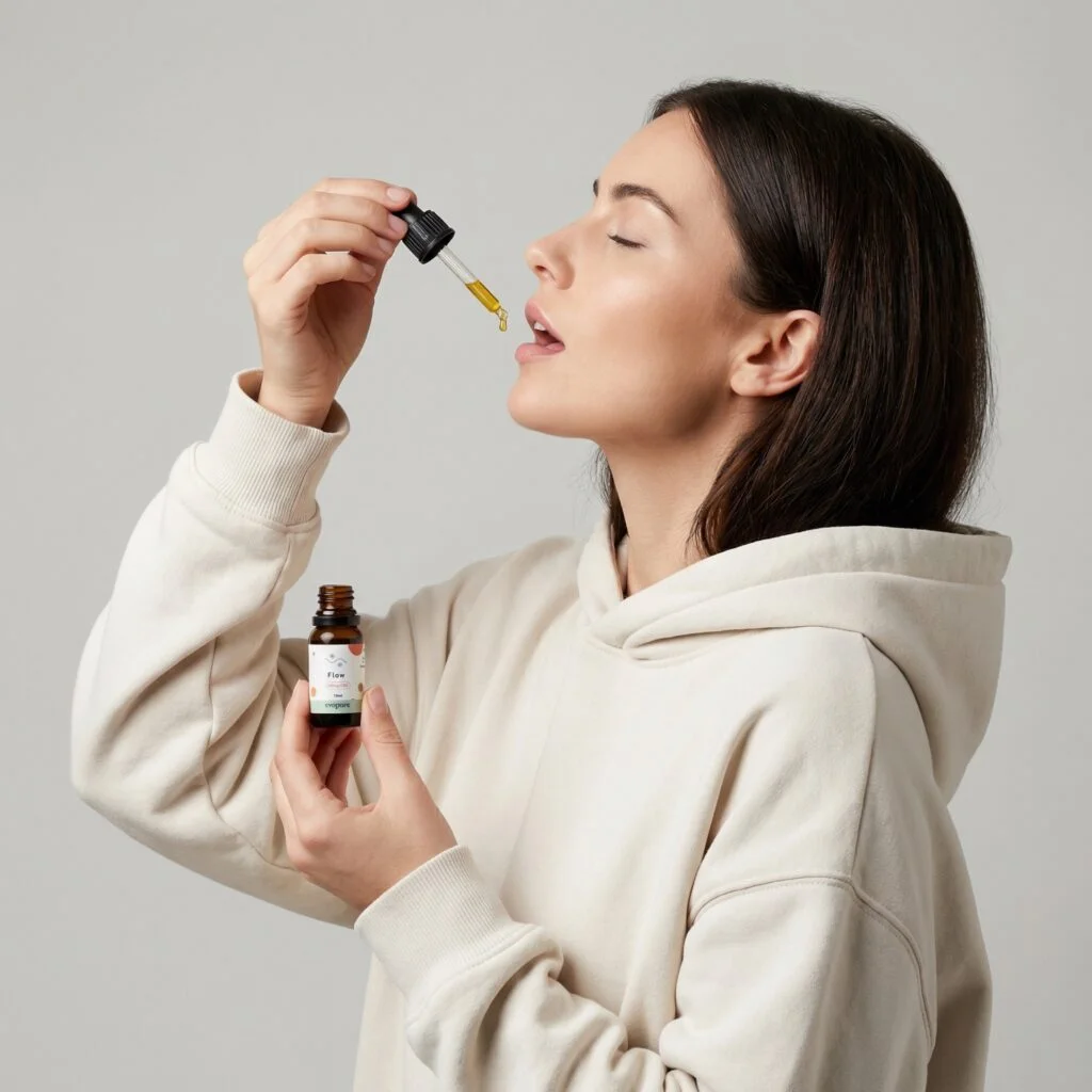 A woman taking CBD oil drops from a dropper