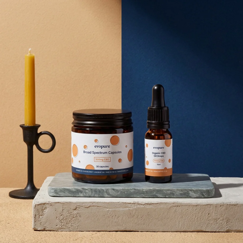 Evopure broad spectrum CBD capsules jar next to a CBD oil bottle