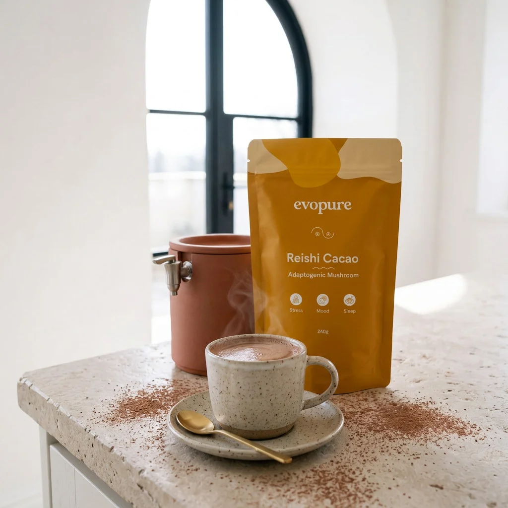 Evopure Reishi Cacao pouch beside a mug of hot cacao on a stone counter