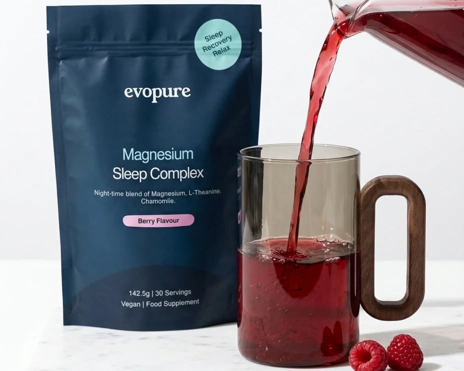 Berry magnesium drink being poured beside an Evopure Magnesium Sleep Complex pouch