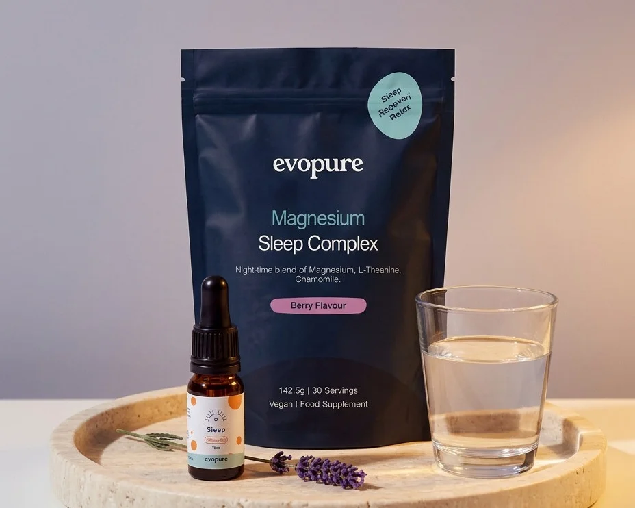 Evopure Magnesium Sleep Complex pouch and Sleep CBD Oil on a stone tray with a glass of water and lavender