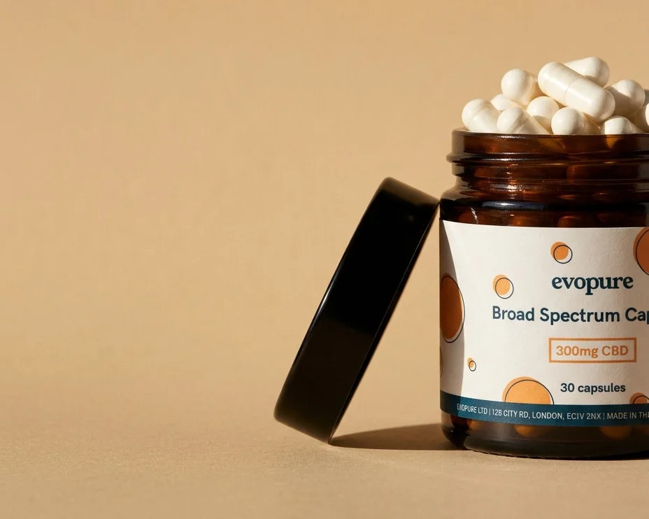 Evopure Broad Spectrum CBD Capsules jar, 300mg, with the lid off