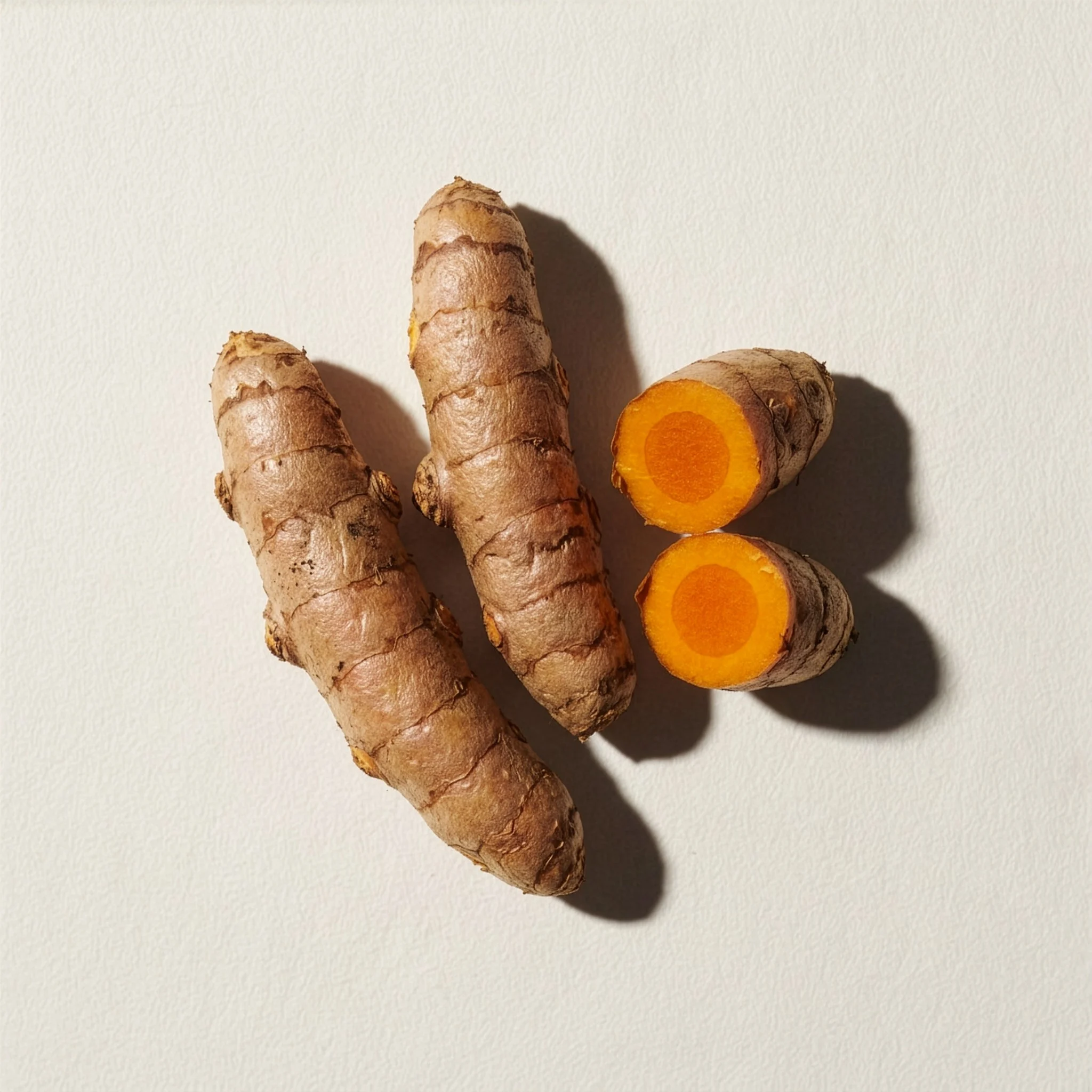 Turmeric roots, one cut open
