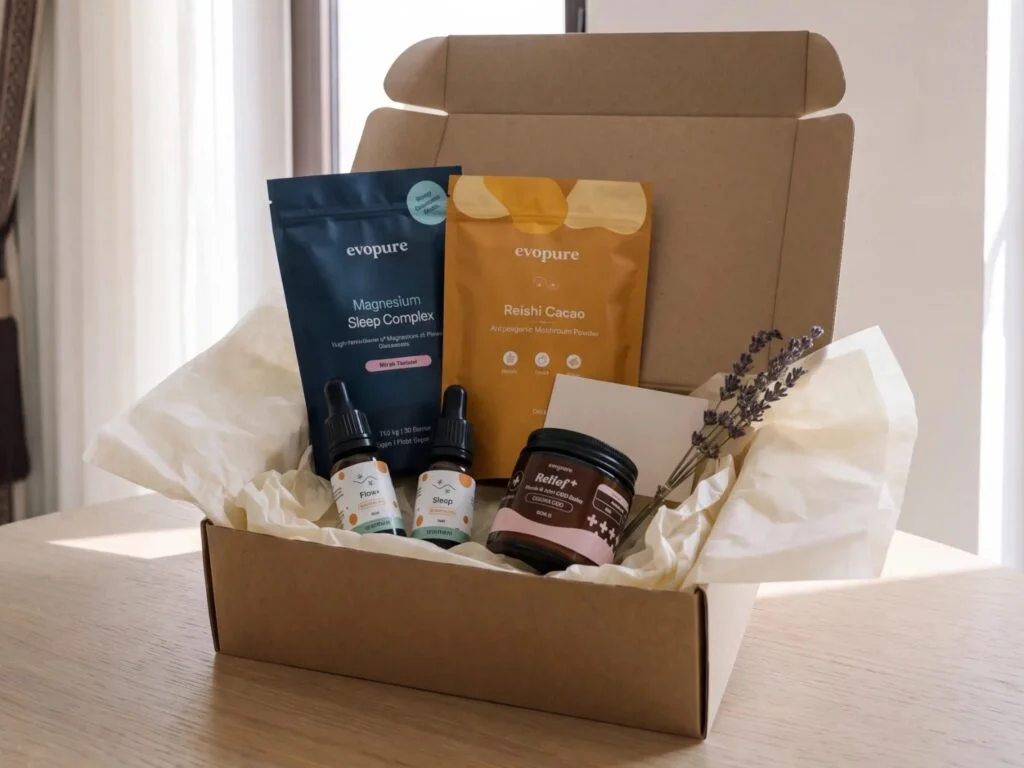 The Evopure range in an open kraft mailer: Magnesium, Reishi Cacao, Flow and Sleep oils and the Relief balm